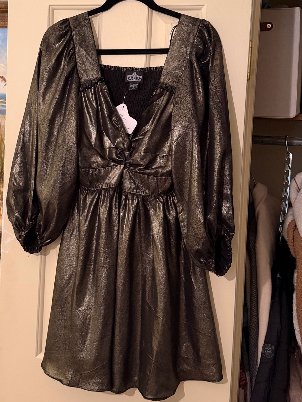 Angie Metallic Black Puff Sleeve Party Dress